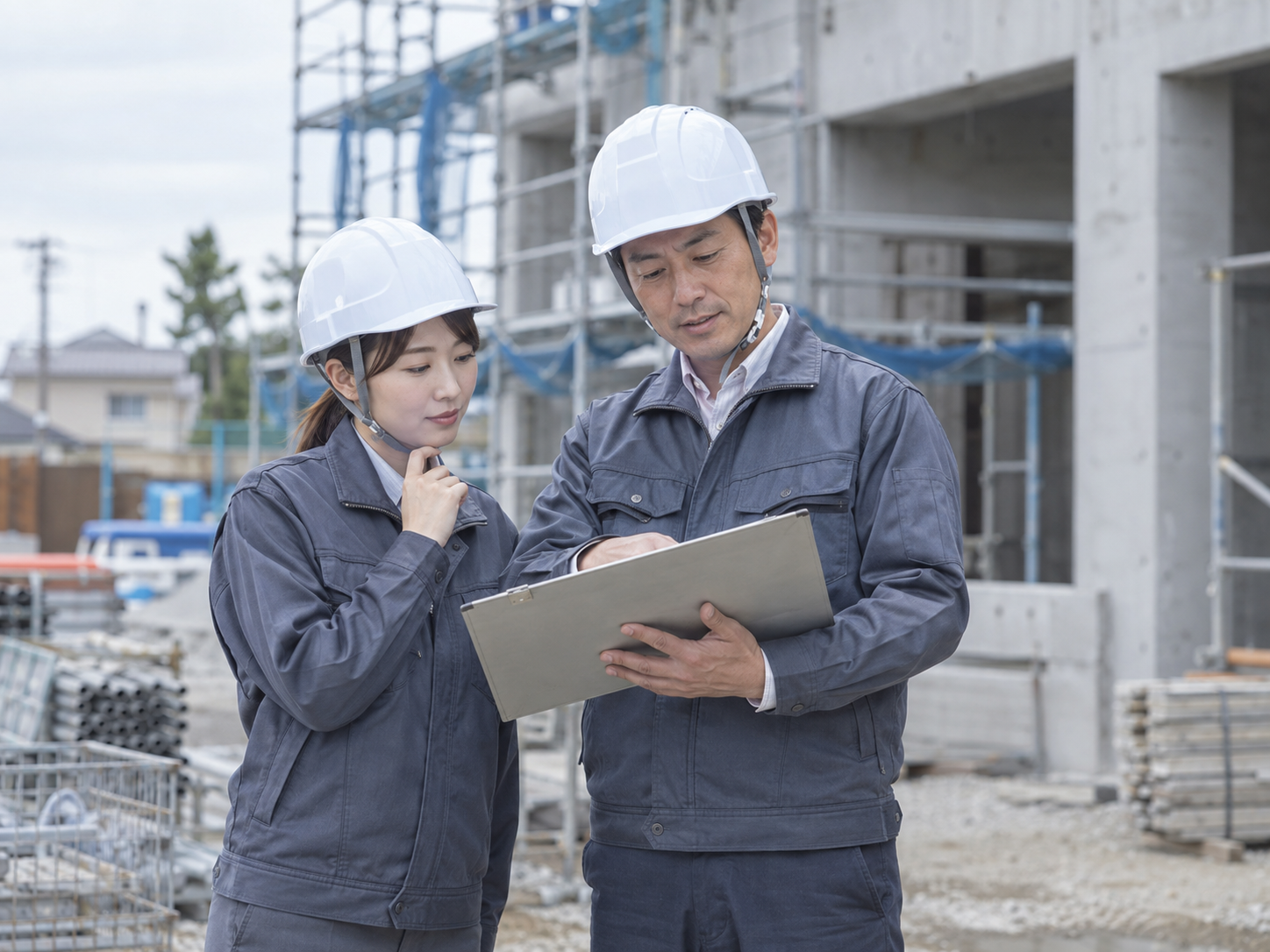 建設現場で図面を確認する作業員